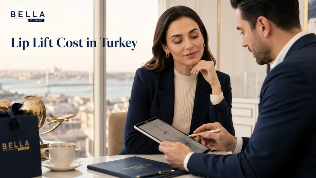 Patient reviewing lip lift cost in Turkey and treatment package details during a clinic consultation