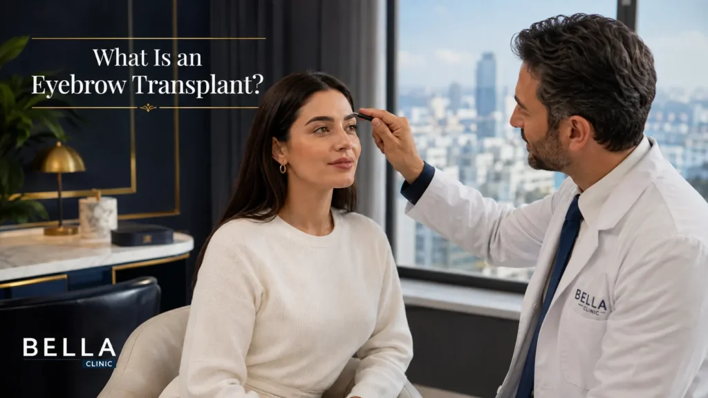 Doctor explaining how an eyebrow transplant restores sparse eyebrow areas using natural hair follicles