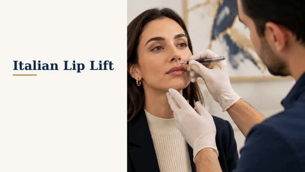 Italian lip lift treatment planning with small incision areas marked beneath the nostrils