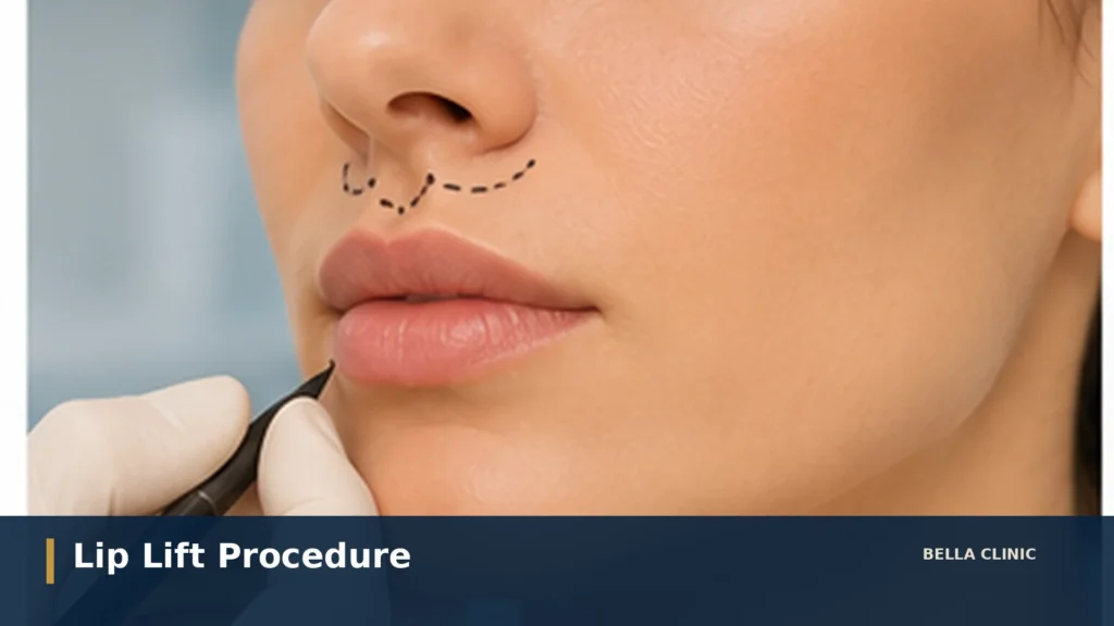 Plastic surgeon preparing the area between the nose and upper lip for a lip lift procedure