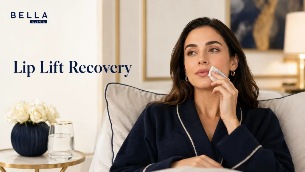 Alt: Patient resting during lip lift recovery while following post-operative care instructions