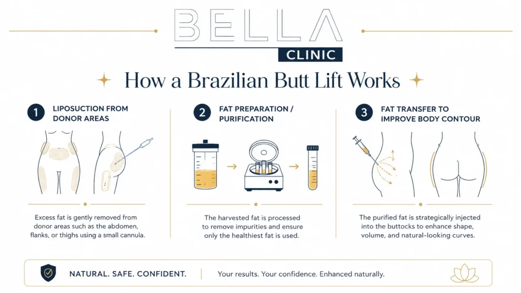 Medical infographic showing liposuction, fat preparation and transfer during a Brazilian butt lift procedure