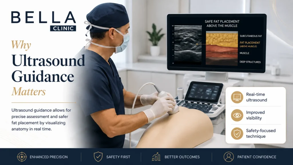 Surgeon using real-time ultrasound to guide fat placement above the muscle during a Brazilian butt lift