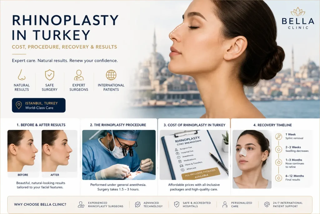 Rhinoplasty in Turkey guide showing cost factors, surgery, recovery timeline and treatment support