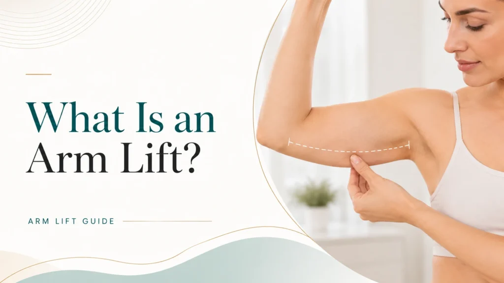 Medical illustration showing how an arm lift reshapes the upper arm by removing loose skin between the armpit and elbow