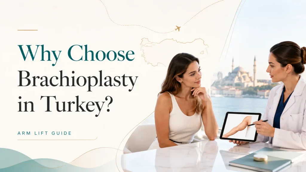 International patient discussing brachioplasty in Turkey with a medical professional in a modern clinic