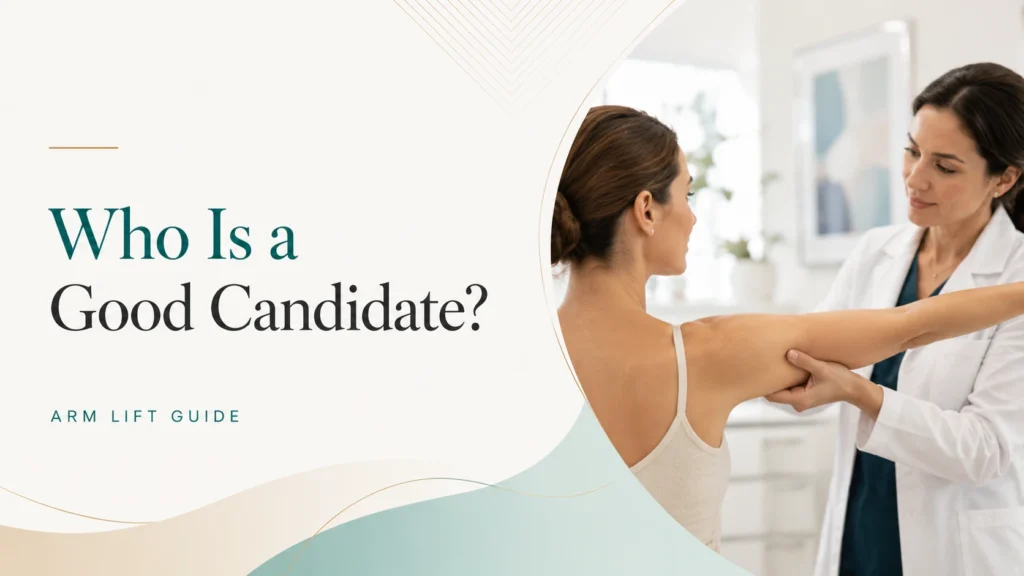 Plastic surgery consultation assessing upper arm loose skin and suitability for brachioplasty