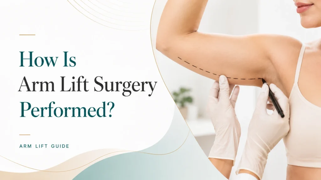 Medical illustration showing surgical planning and incision placement for an upper arm lift procedure