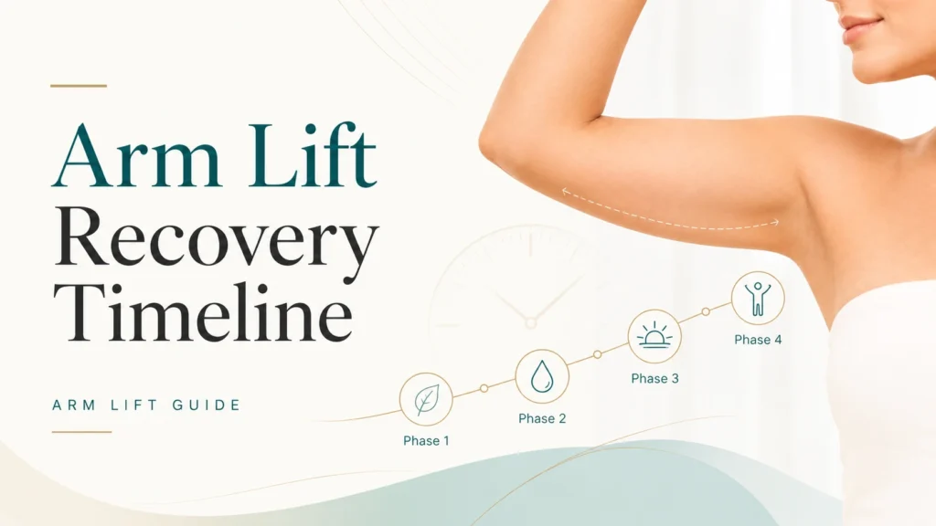Arm lift recovery timeline illustration showing healing of the upper arm after brachioplasty