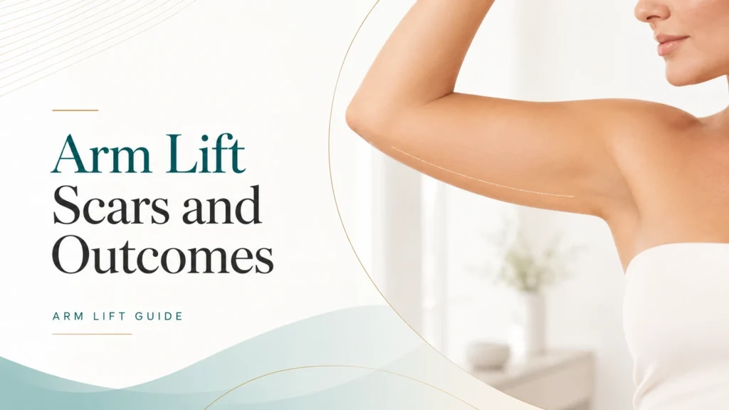 Arm lift scar and outcome illustration showing incision placement and healed upper arm contour after brachioplasty