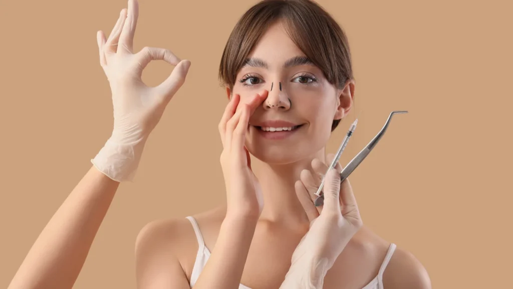 Medical scene showing qualified surgeon assessment, anesthesia monitoring, operating room standards and postoperative follow-up for safer rhinoplasty.