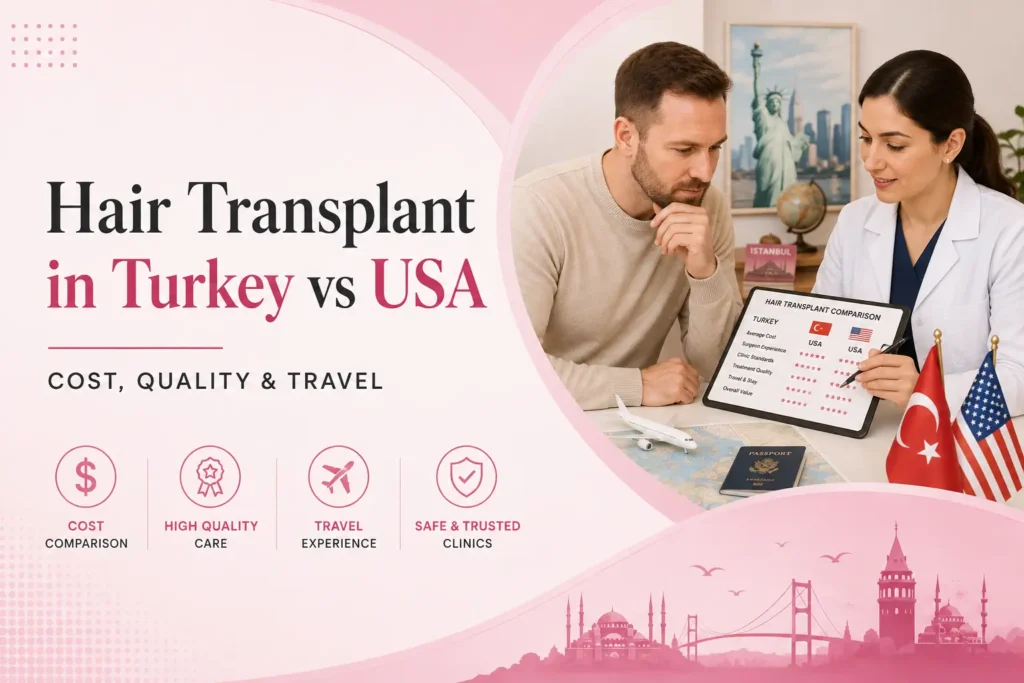 Hair transplant cost Turkey vs USA comparison covering prices, clinic quality, treatment and travel considerations