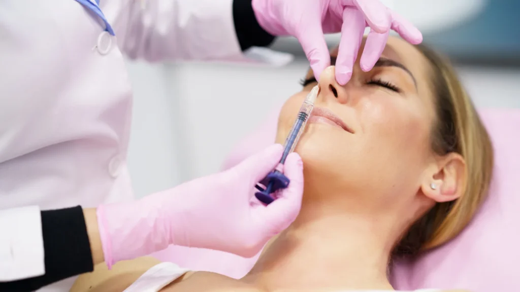 Rhinoplasty patient shown at several postoperative stages illustrating gradual healing from early swelling to more refined results.