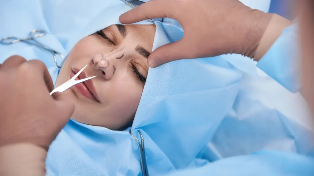 Medical comparison showing primary nasal anatomy beside a previously operated nose with scar tissue and reduced structural support.