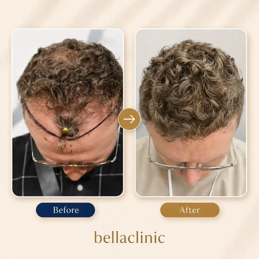 Advanced male hair restoration before and after image showing fuller density across the front and top.
