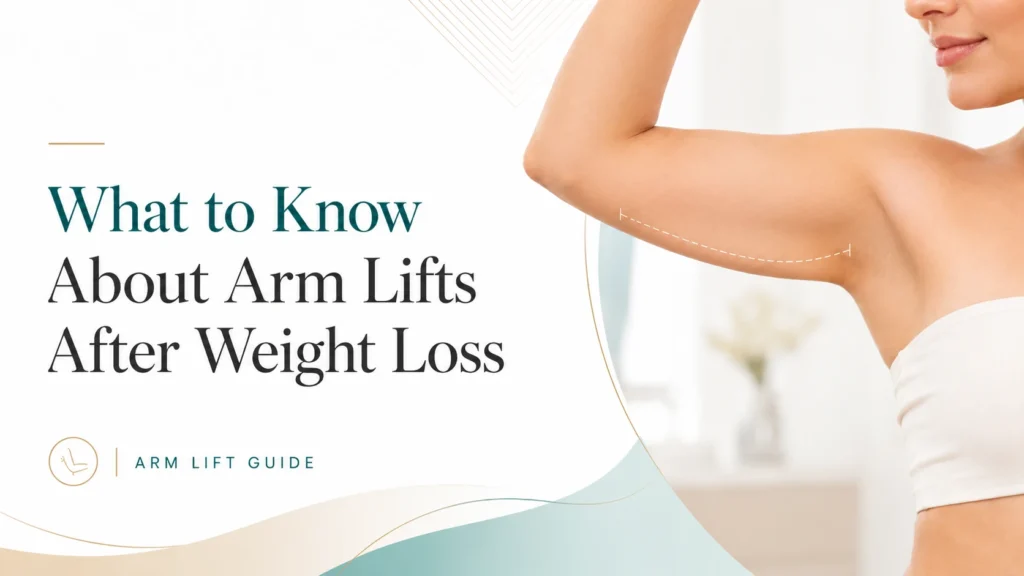 Arm lift after weight loss illustration showing loose upper arm skin and planned skin removal area