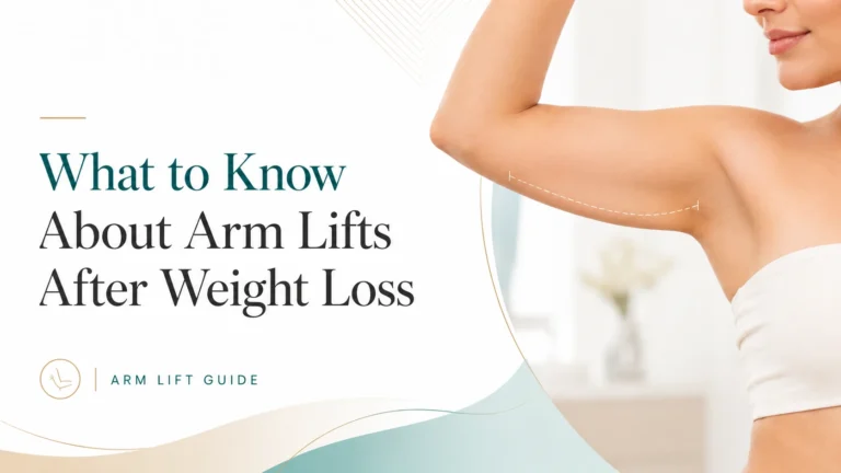 Arm lift after weight loss illustration showing loose upper arm skin and planned skin removal area