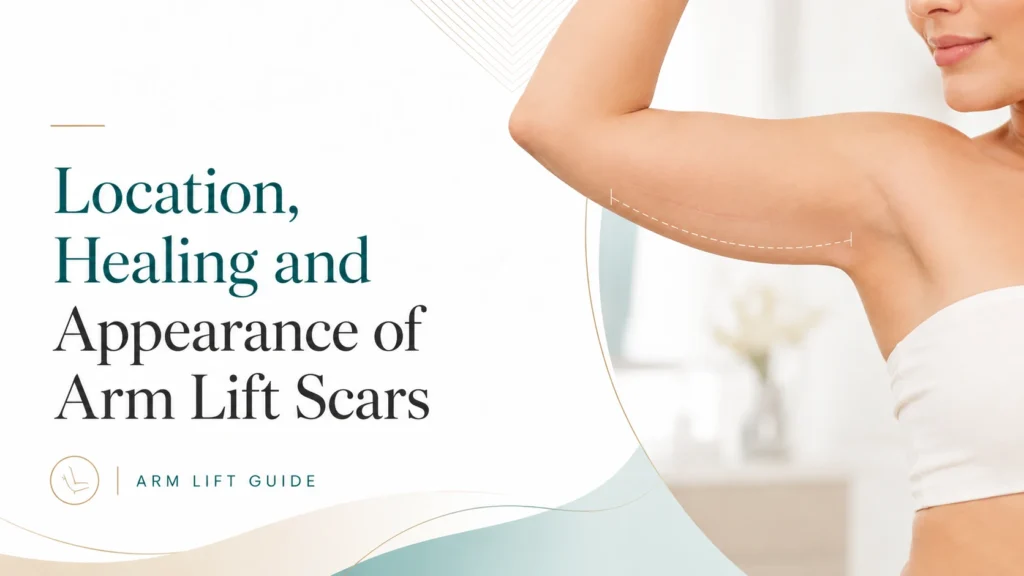 Arm lift scar location and healing illustration showing the incision along the inner upper arm