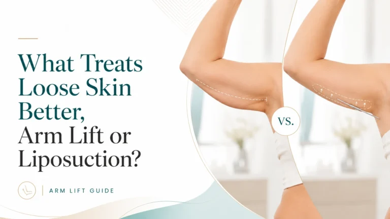 Arm lift vs liposuction comparison showing loose upper arm skin and localized fat treatment areas