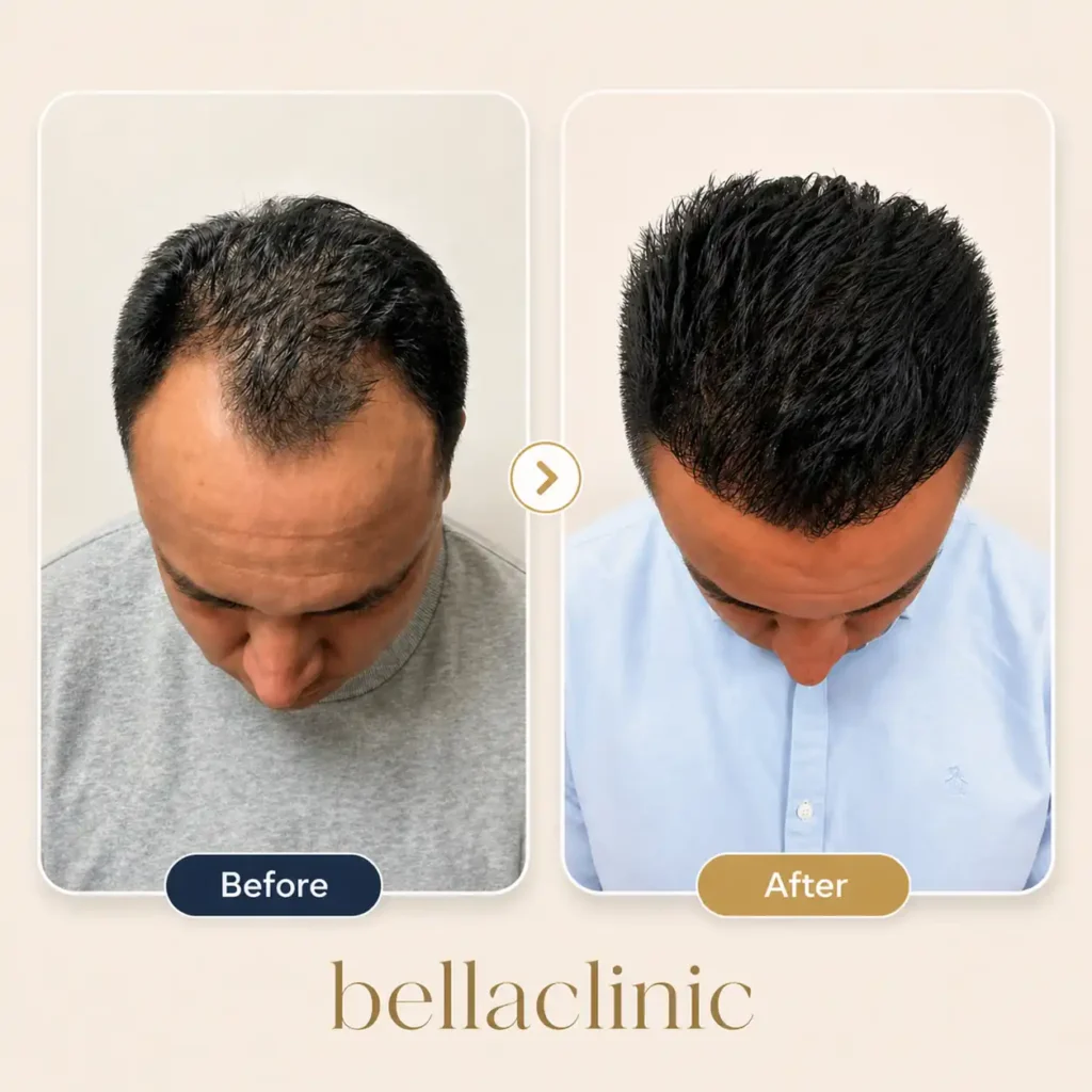 Top view before and after hair transplant result showing stronger coverage and denser hair growth.