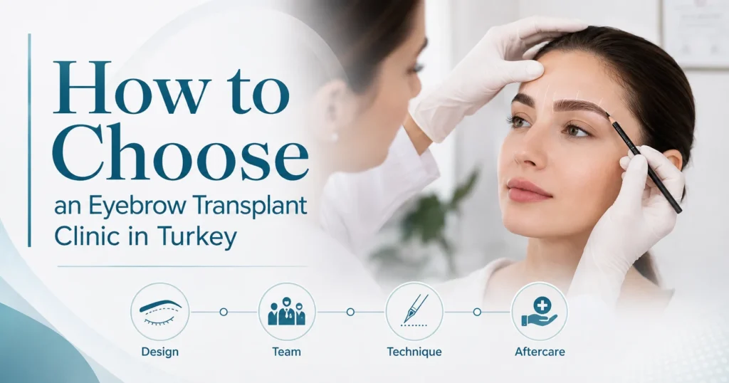 Doctor assessing eyebrow shape and treatment planning during an eyebrow transplant clinic consultation in Turkey