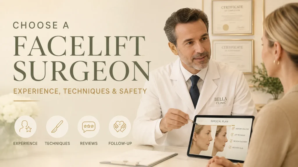 Consultation image about choosing a facelift surgeon based on experience, techniques, and safety