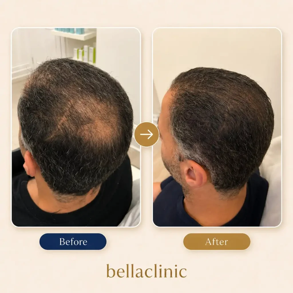 Crown area before and after hair transplant result for a man showing improved rear scalp coverage.