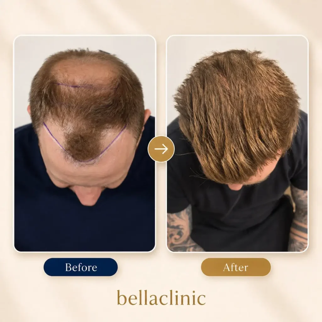 Curly hair transplant before and after result showing improved frontal density and hairline coverage.