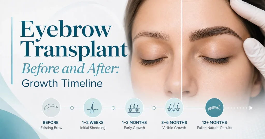Eyebrow transplant before and after growth timeline showing early healing and later eyebrow development