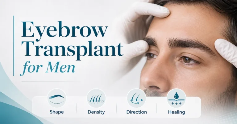 Male patient undergoing eyebrow transplant assessment focused on shape density hair direction and healing