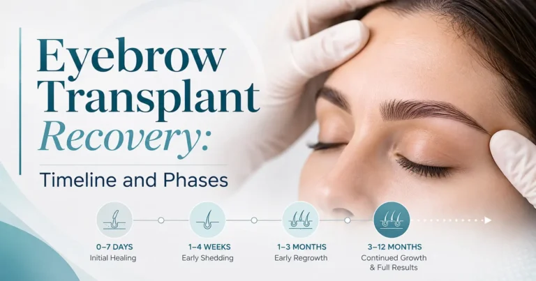 Eyebrow transplant recovery timeline showing healing, shedding and hair growth stages