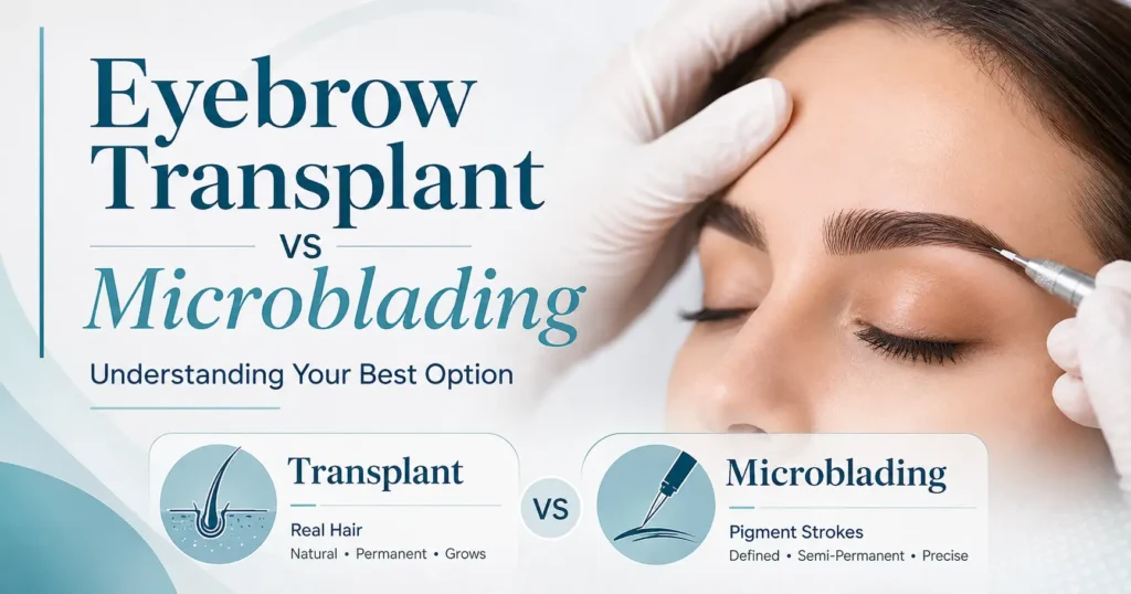 Eyebrow transplant vs microblading comparison showing real hair restoration and pigment-based eyebrow treatment