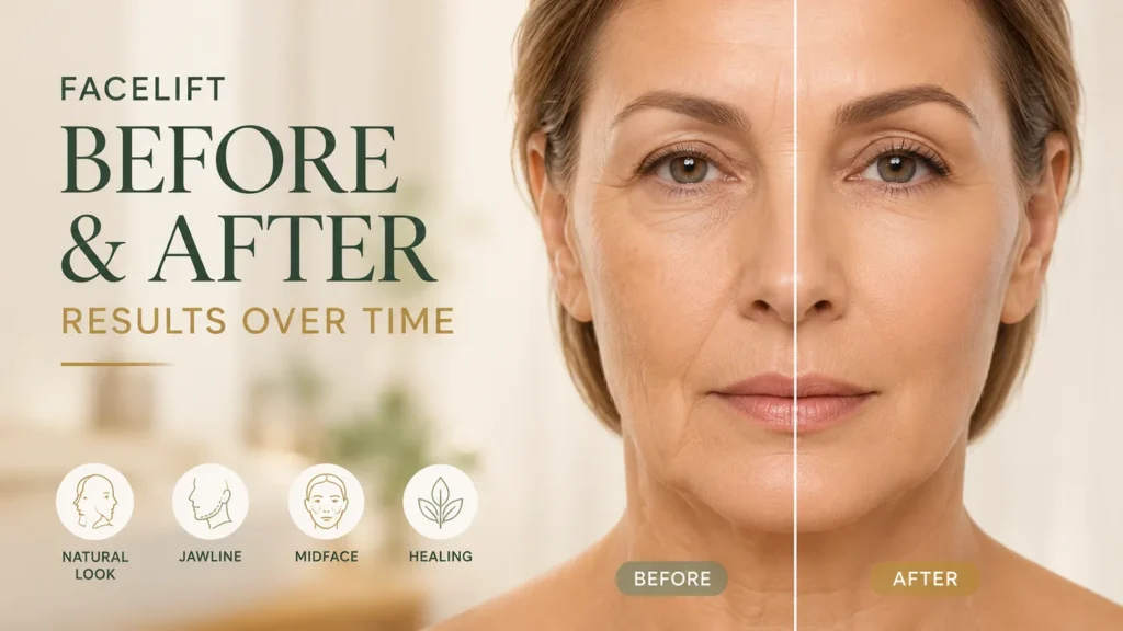 Facelift before-and-after comparison showing changes in facial skin, jawline and midface appearance over time.
