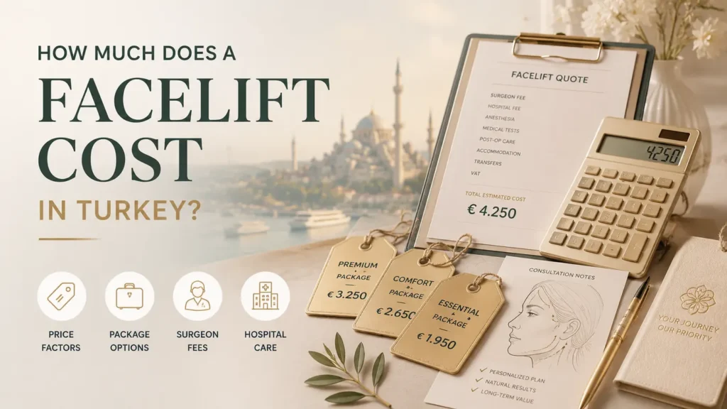 Facelift cost in Turkey with a treatment quote, price factors, package options, surgeon fees and hospital care.