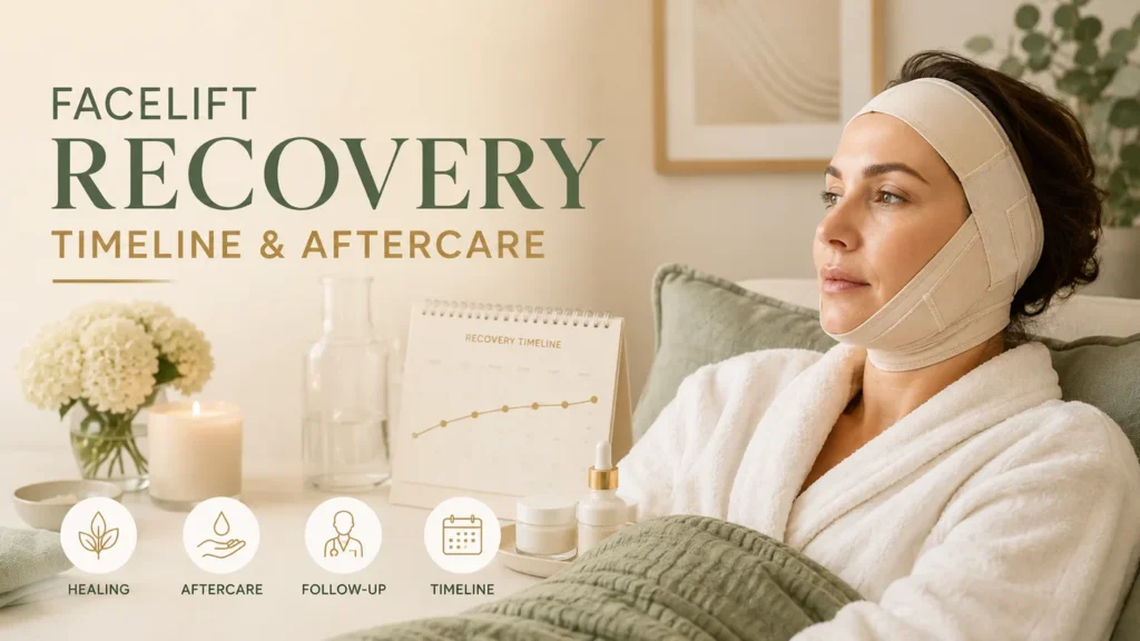 Facelift recovery scene with compression support, aftercare products, follow-up and a healing timeline calendar.