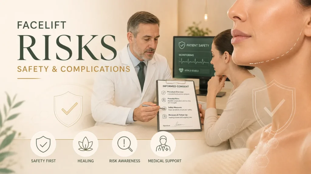 Facelift safety consultation covering informed consent, potential risks, monitoring, healing and medical support.