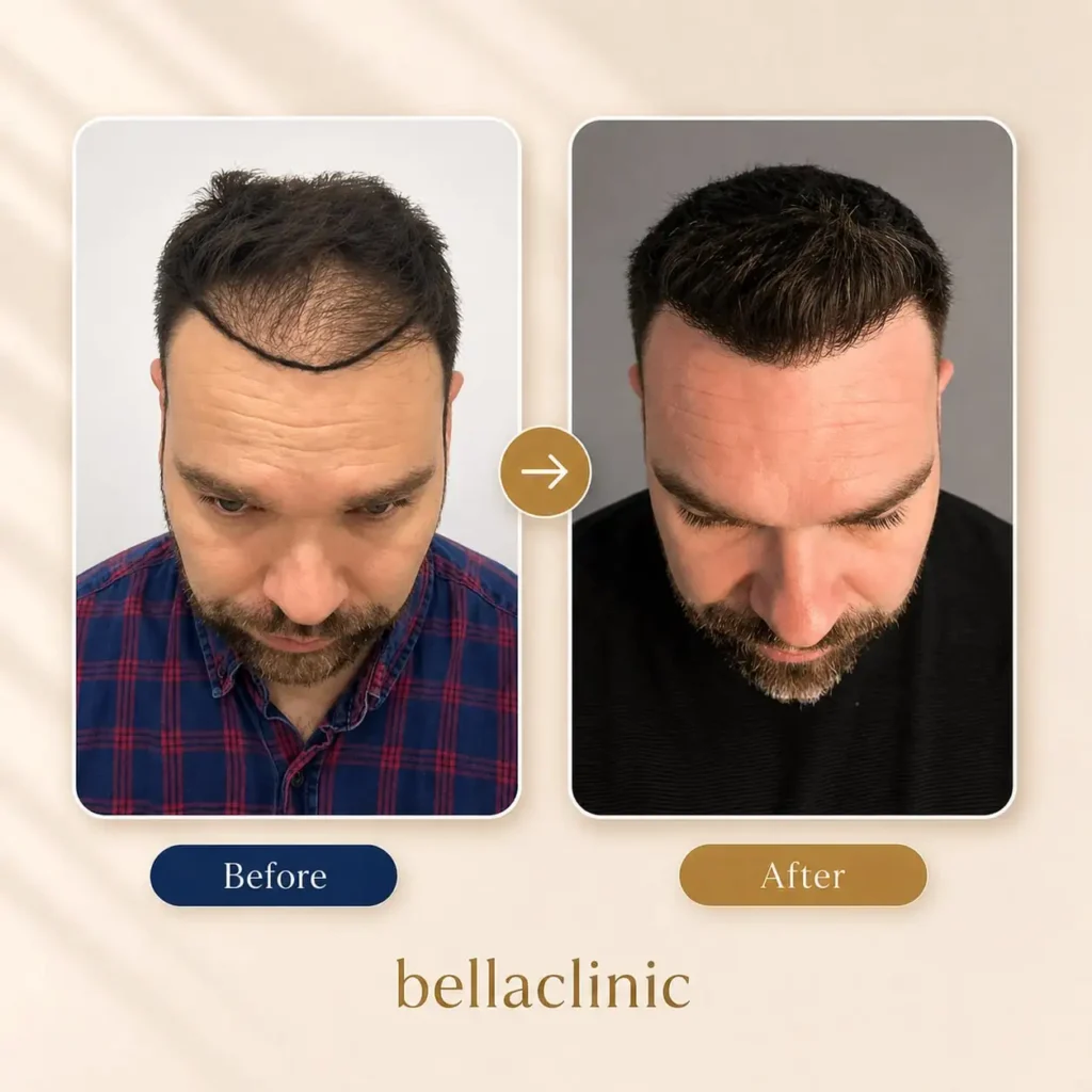 Frontal before and after hair transplant result showing a more defined hairline and thicker coverage.