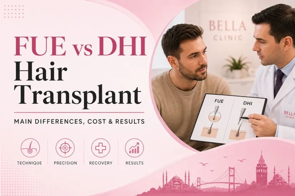 Bella Clinic consultation comparing FUE and DHI hair transplant methods, including technique, recovery and expected results