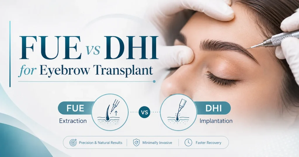 FUE vs DHI for eyebrow transplant comparison showing extraction and implantation methods