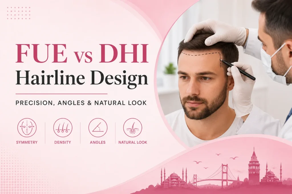 Doctor planning a natural hairline for FUE versus DHI hair transplant with attention to symmetry, angle, density and direction.