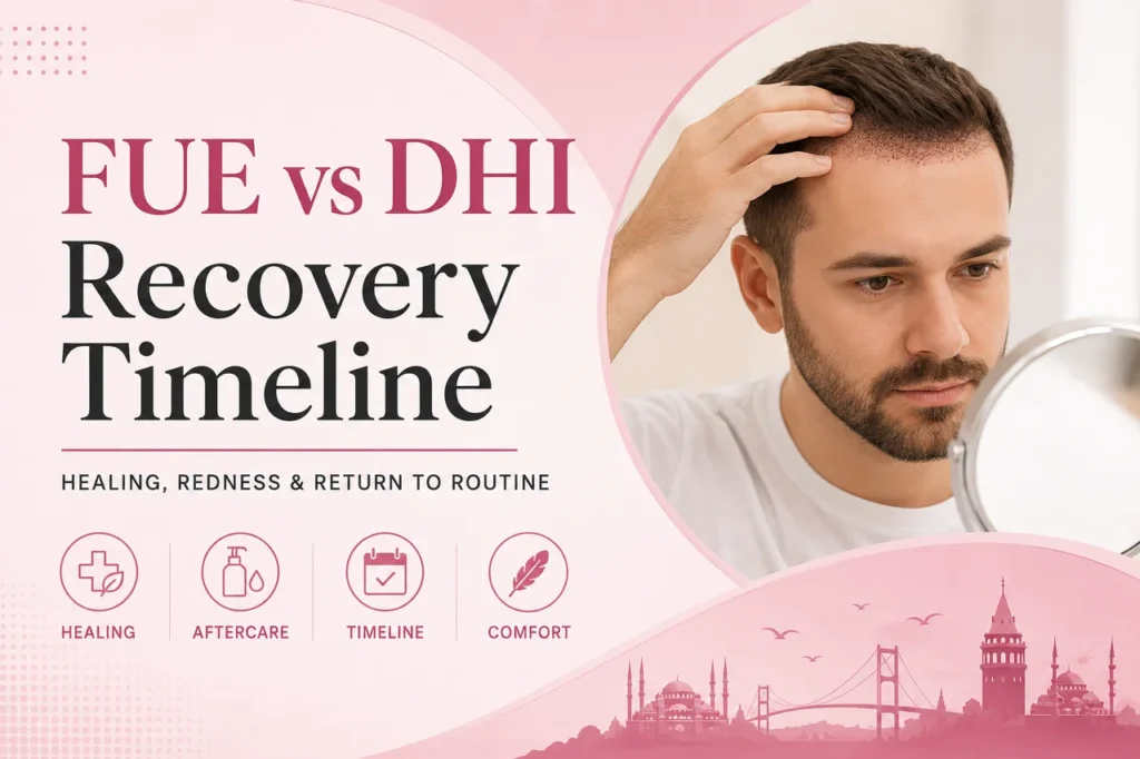 FUE versus DHI hair transplant recovery timeline illustrating healing, redness, aftercare and return to normal routine.