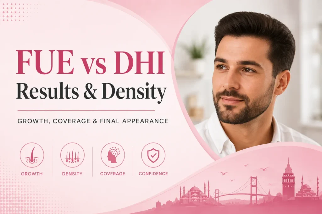 FUE versus DHI hair transplant results concept highlighting hair growth, density, coverage and final natural appearance.