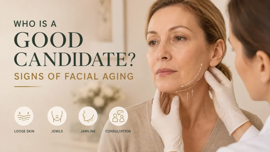 Facelift candidacy consultation assessing loose skin, jowls and jawline changes in a mature patient.