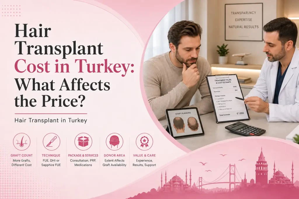 Doctor explaining hair transplant cost factors in Turkey, including graft count, technique, package and donor area.