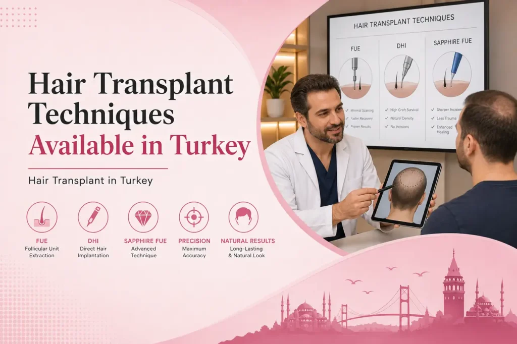 Doctor explaining FUE, DHI and Sapphire FUE hair transplant techniques in Turkey to a patient