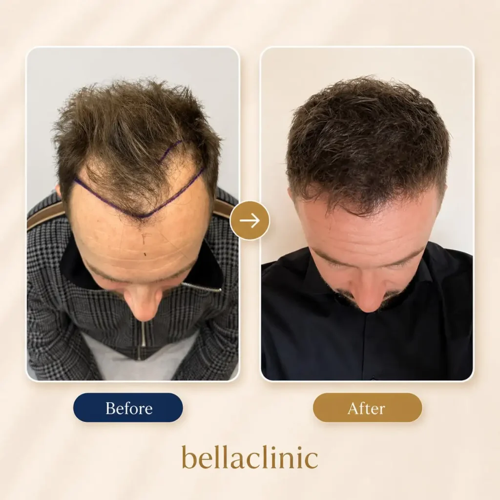 Before and after result of a men's hair transplant showing planned hairline design and natural growth.
