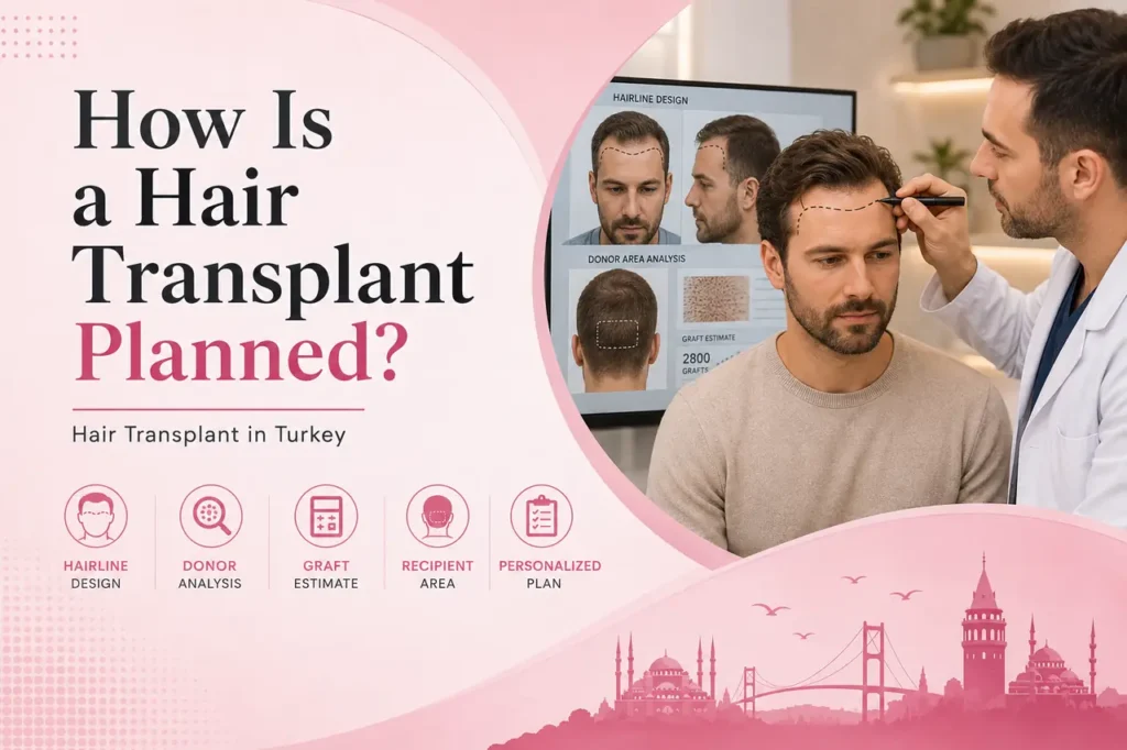 Doctor planning a patient hairline, donor area and graft estimate before a hair transplant in Turkey