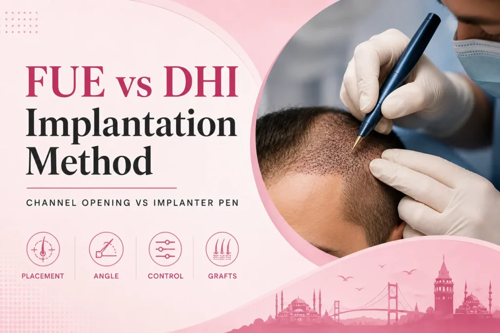  Close-up illustration of FUE versus DHI implantation methods showing channel opening and implanter pen placement.