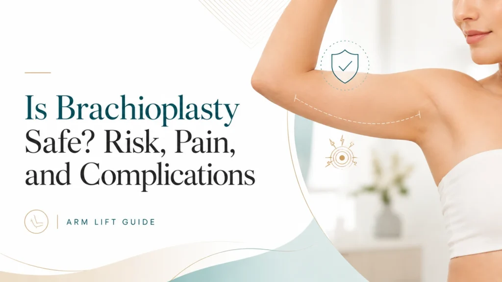Brachioplasty safety illustration showing the upper arm with surgical planning marks and medical safety symbols