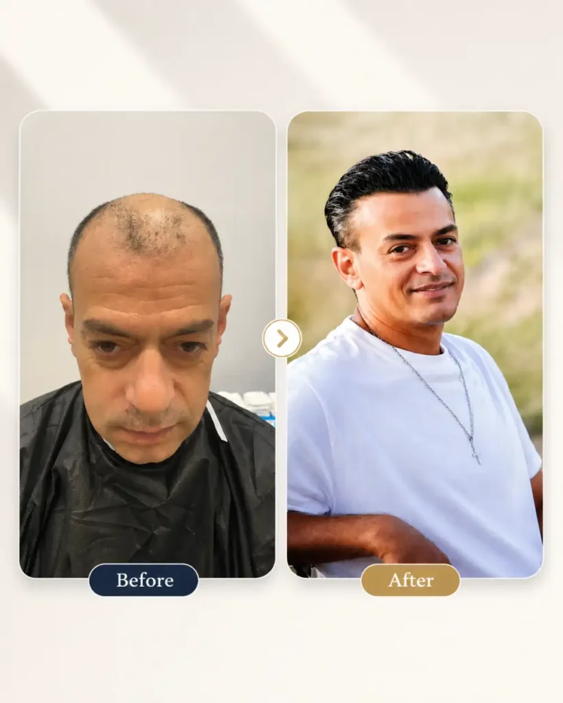 Before and after result of a men's hair transplant showing full frontal restoration and improved density.